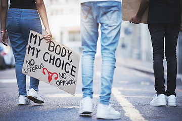 Image showing Body sign, abortion protest and people walking for legal justice, freedom of choice and support for law in city. Woman and man at supreme court for activism against constitution rights with poster