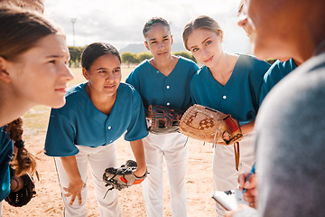 Image showing Baseball, team and coach in conversation, talking and speaking about game strategy for a game. Teamwork, collaboration and coaching with women or teens listen to group leader during sport discussion