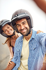 Image showing Couple, helmet and selfie on road trip, smile and adventure or holiday, romance and memories. Happy people, freedom and outdoors or travel, joy and love for social media, portrait and vacation