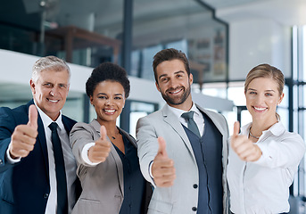 Image showing Portrait, thumbs up or team of business people in agreement, support or collaboration together in office. Proud community, group or happy employees smile with diversity, yes sign or like hand gesture