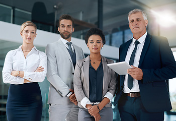 Image showing Teamwork, tablet or portrait of business people in office together in collaboration or company. Diversity, corporate staff or confident employees planning a group mission in meeting or workplace