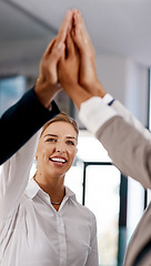 Image showing High five, teamwork or hands of happy business people in celebration of goals, mission or success. Partnership, smile or excited workers in office for motivation, group solidarity or winning a deal