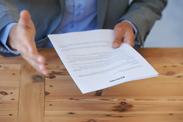 Image showing Business person, handshake offer and resume for job interview, corporate meeting and hiring or recruitment. Professional manager, employer shaking hands or POV introduction with document, CV or paper