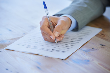 Image showing Closeup, writing and business with man, document and insurance with signature, contract and sign application. Person, employee or worker with pc, hands and checklist with compliance, policy or agent