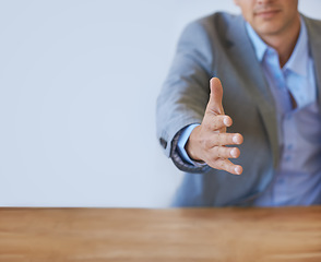 Image showing Business man, offer and shaking hands in job interview, corporate meeting or hiring agreement for recruitment. Professional client or employer handshake for introduction on a wall or white background