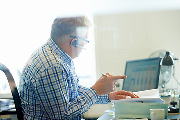 Image showing Man, virtual assistant and headset for telecom in office for consultation, advice or customer care. Senior person, call centre and agent with discussion, talk or communication for help with help desk