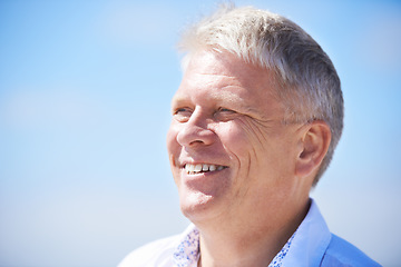 Image showing Face, thinking and happy senior man outdoor for travel, freedom or journey on blue sky background. Smile, relax and elderly male person outside with gratitude for fresh air, retirement or vacation