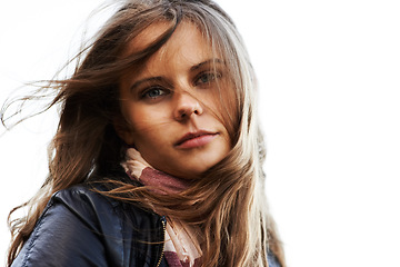 Image showing Portrait, wind in hair and woman outdoor on mockup space, holiday and travel on vacation. Face, beauty and young person in breeze or girl in nature, confident and serious for freedom in Switzerland