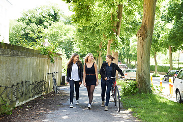 Image showing Bicycle, friends and happy women walking at school together for education in university. Bike, students and group smile outdoor, teenager and girls at park travel, transportation and cycling on road