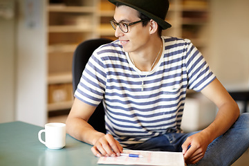 Image showing College student, thinking and man planning with coffee, energy and inspiration for studying schedule or work. University, timetable and person with ideas for project, education and drink tea in home