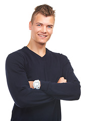 Image showing Portrait, smile or fashion and a man arms crossed in studio isolated on a white background with space. Happy, style and trendy with a confident young model in a clothes outfit aesthetic appeal