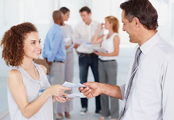 Image showing Business people, team and secretary giving paper to man for information in startup office, seminar or convention. Happy professional, documents and conference, workshop meeting or creative training