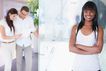 Image showing Smile, crossed arms and portrait of woman with team in the office with internship confidence. Happy, creative career and professional young African female designer with employees in architecture firm