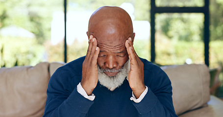 Image showing Headache, senior man and stress in home for mistake, mental health or brain fog in retirement. Depressed, tired and frustrated african guy with migraine, crisis and pain of vertigo, trauma or fatigue