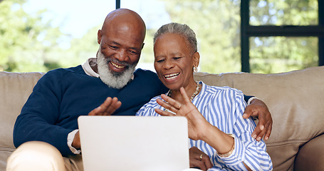 Image showing Happy senior couple, video call and laptop in home for voip communication, social network or chat. African man, woman and wave hello on computer in virtual conversation, contact or talk in retirement