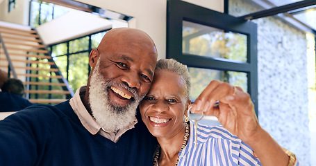 Image showing Senior, couple and portrait or selfie and keys to new home, real estate or property investment by front door. Black people, man or woman and smile for mortgage, achievement or moving in house or love