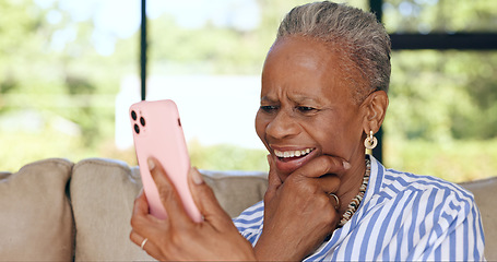 Image showing Home, smile and senior woman with smartphone, contact and happiness with post, relax and video call. Apartment, elderly person and pensioner on a sofa, cellphone and internet with connection or app