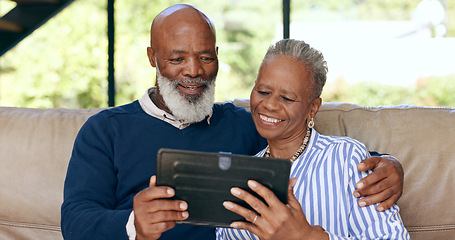 Image showing Tablet, video call and senior couple on a sofa for web communication, network or chat at home. Digital, app and old people in living room with love, social media or streaming subscription in a house