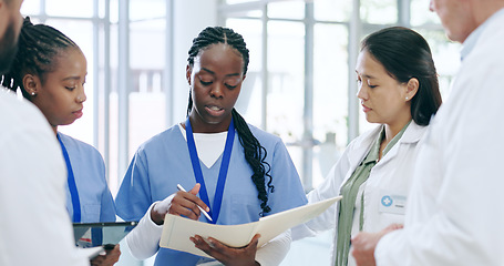 Image showing Medical, team and documents for meeting in hospital with collaboration, discussion and patient report. Healthcare, doctor and nurse in clinic with paperwork, teamwork and communication for planning