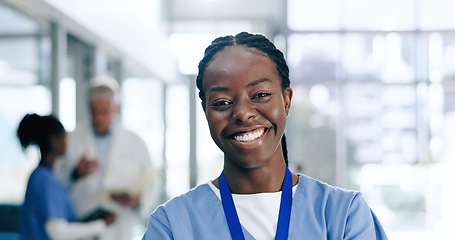 Image showing Nurse, woman and portrait with smile in hospital or clinic for healthcare, service or medical support. Medicine, black person and professional with happy, confident and pride for career or wellness