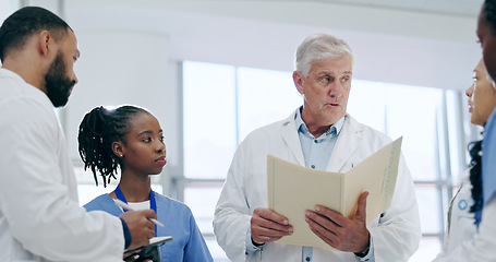 Image showing Medical, team and documents for meeting in hospital with collaboration, discussion and patient report. Healthcare, doctor and nurse in clinic with paperwork, teamwork and communication for planning