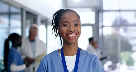 Image showing Woman, doctor and happy portrait for healthcare, hospital or clinic services, confidence and health experience. Professional medical worker, nurse or face of African person smile for ADN internship