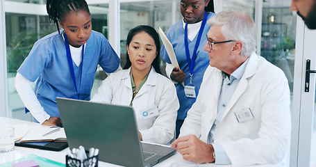 Image showing Doctors, nurses and laptop for meeting, medical teamwork and solution in hospital or clinic management. Senior expert, healthcare people or group for online problem solving and research on a computer