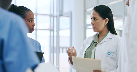 Image showing Healthcare, team and documents for discussion in hospital with collaboration, meeting and patient report. Medical, doctor and nurse in clinic with paperwork, teamwork and communication for planning