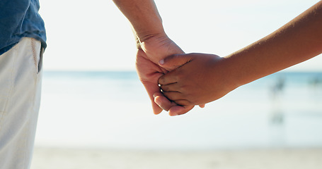 Image showing Man, child or holding hands for love, care or bonding together as happy family on summer vacation. Commitment, father or kid with support relationship on holiday, weekend leisure or calm in mockup