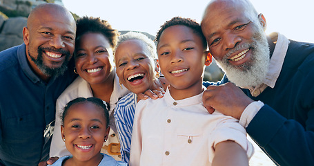 Image showing Happy family, generations and beach for selfie on summer vacation, adventure and memory together with love. Black people, portrait or smile on face, care relax or peace wellness in bali on holiday