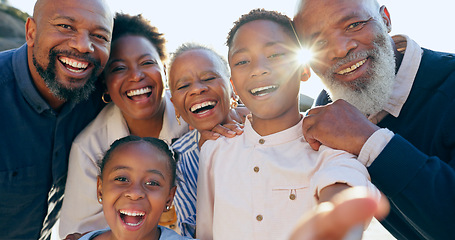 Image showing Happy family, generations or nature in selfie on summer vacation, adventure or memory together with love. Black people, portrait and smile on face, calm relax and peace wellness to bond on holiday