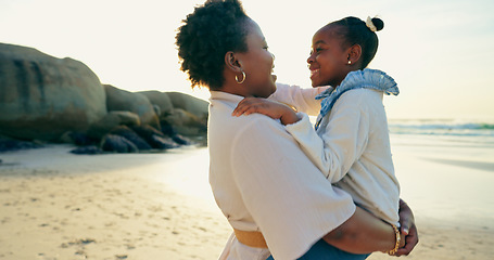 Image showing Woman, love and hug child by beach, smile and nature to support relax on calm holiday. Happy family, mother or daughter for bonding for care, travel and vacation on bali shore for peace wellness