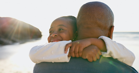 Image showing Man, love and hug child by beach, smile and nature to support relax on calm holiday. Happy family, father and daughter with bonding for care, travel vacation and bali shore for wellness with back