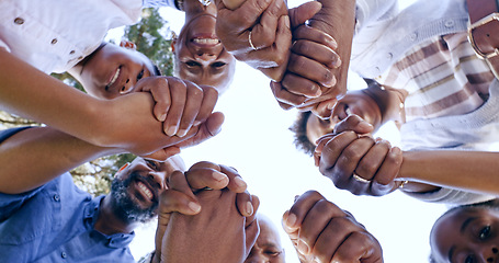 Image showing Holding hands, community support or family in nature for bonding or playing in a park together. Love, low angle or mother with grandparents, father or happy children with smile on holiday vacation