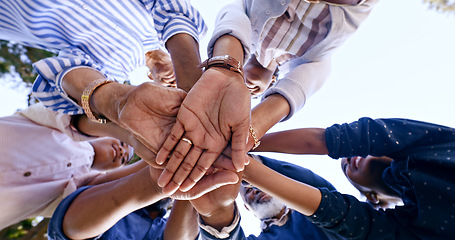 Image showing Support, huddle or hands of family in nature for fun bonding or playing in outdoor park together. Love, low angle or mother with grandparents, dad or African kids with solidarity on holiday vacation