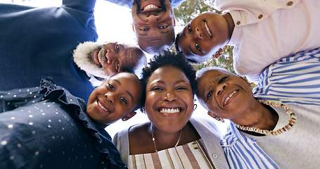 Image showing Happy, huddle or portrait of a black family in nature for fun bonding or playing in a park together. Smile, support or below of mother with grandparents, father or children to hug or relax on holiday