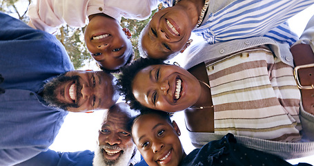 Image showing Happy family, huddle and circle portrait in nature, summer vacation and memory together with love. Black people, grandparents or parents with kids for smile, face or garden for relax bond with below