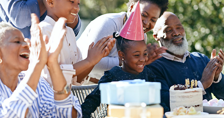 Image showing Child, grandparents or black family in backyard for a happy birthday, celebration or growth together. Smile, clapping or excited African people with cake, love or kids in a fun party, nature or park