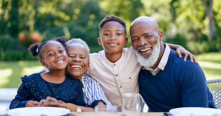 Image showing Children, hug or portrait of grandparents in nature with smile in park for love or support in black family. Elderly grandma, happy or African kids with a senior man to relax or bond in retirement