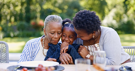 Image showing Grandmother, mother and daughter for hug in garden, smile and lunch for relax together with love. Black people, women and child as happy family, gratitude and care bonding for brunch table in park