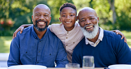 Image showing Happy family, portrait and generations of men in nature, summer vacation and memory together with love. Black people, dad or son with grandpa for smile, face or garden lunch to relax bond in park