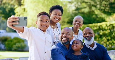 Image showing Happy family, selfie or generations with love in nature, summer vacation or together for smartphone memory. Black people, grandparents or kids in smile, face or garden wellness to relax bond in park