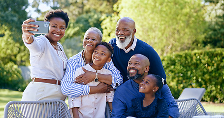 Image showing Happy family, selfie or generations in nature, summer vacation or memory together with love. Black people, grandparents, parents or kids smile on face, garden chairs or smartphone to post online