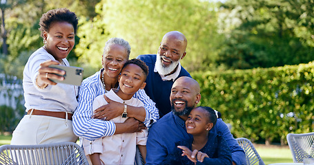 Image showing Happy family, selfie or generations with love in nature, summer vacation or together for smartphone memory. Black people, grandparents or kids in smile, face or garden wellness to relax bond in park