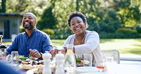 Image showing Happy couple, portrait and garden lunch by table for summer vacation, reunion and together with love for care. Black people, man and woman at gratitude brunch with bonding, drinks with cuisine