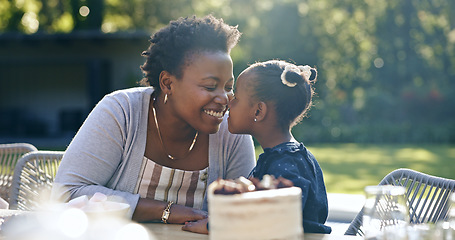 Image showing Mother, daughter and nose touch in nature for birthday, garden party and happy celebration in summer. Black people, woman or child with love bonding in smile, cake or smile together in outdoor park