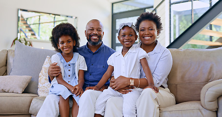 Image showing Black family, father or portrait of mother with happy kids in home to relax on holiday vacation with care. Smile, proud mom or African dad bonding with girl siblings, love or children in living room