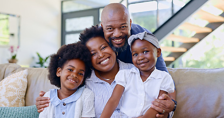 Image showing Portrait, happy family and children with hug on sofa in living room for bonding, security and support. Black man, woman and girl with embrace, love and together with care for relationship in home