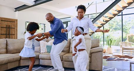 Image showing Black family, parents and children with dancing in living room for love, relax and bonding with music and movement. People, man or women with having fun, dancer and teaching steps in lounge of house