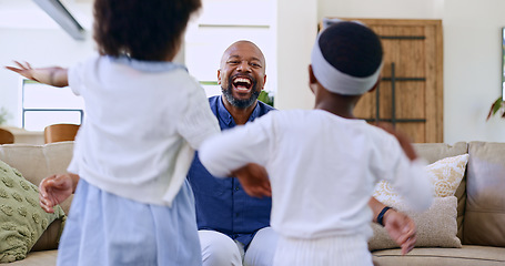 Image showing Running, children and father on a sofa with hug, happy and playing in their home together. Kids, energy and excited black family in living room embrace, security and support, games or bonding love